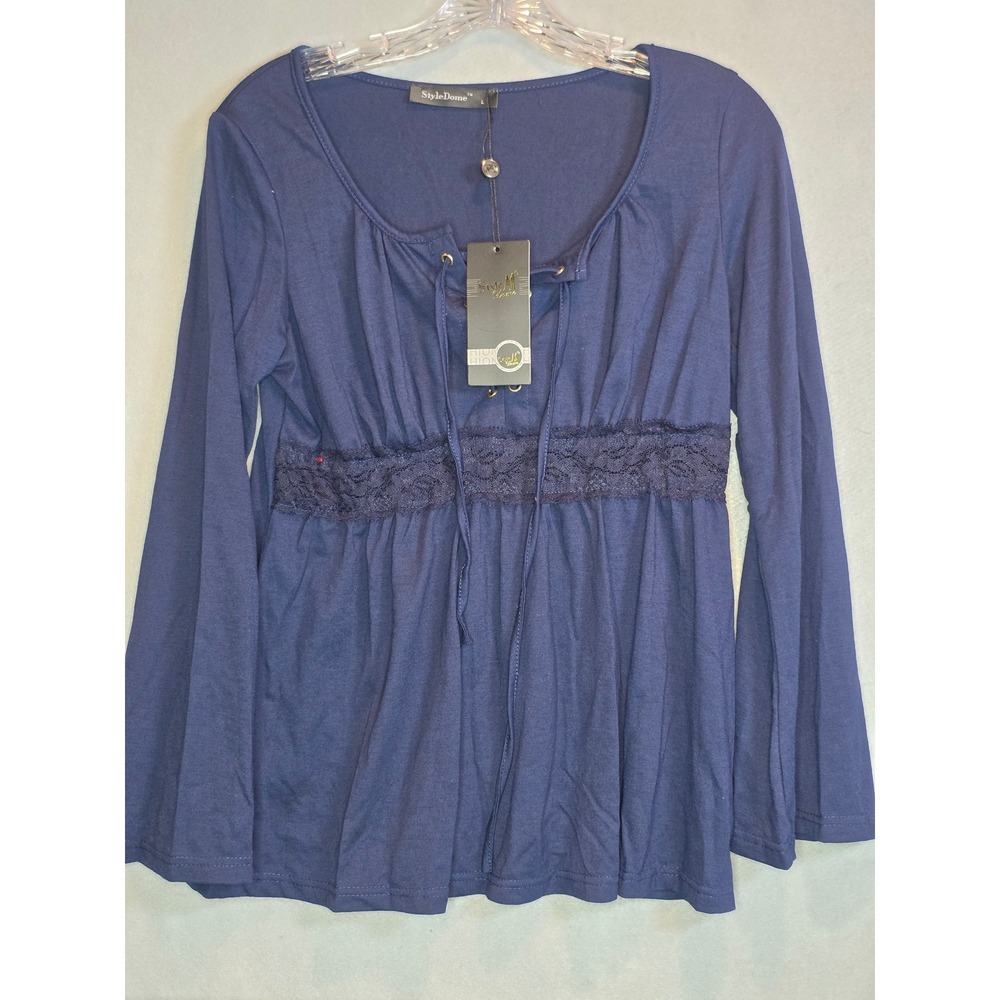 StyleDome Top Navy Lace Up Empire Waist Babydoll Long Sleeve Blouse Large NWT